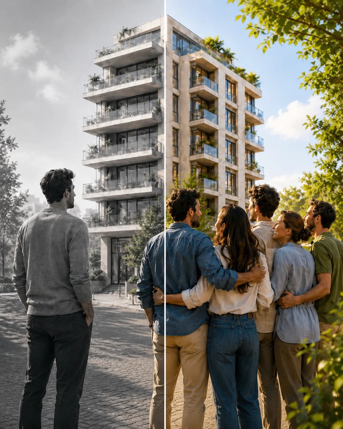 רוכש יחיד בודד מול קבוצת רוכשים מאוחדת, על רקע בניין מגורים חדש — היתרון של רכישת דירה בקבוצה